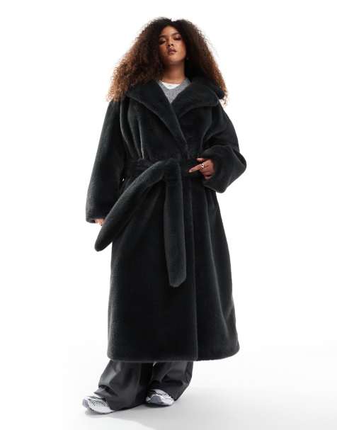 ASOS DESIGN Curve longline belted faux fur coat in forest green - view 1