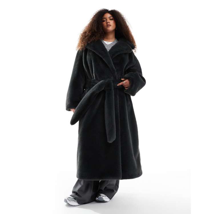 ASOS DESIGN Curve longline belted faux fur coat in forest green ASOS