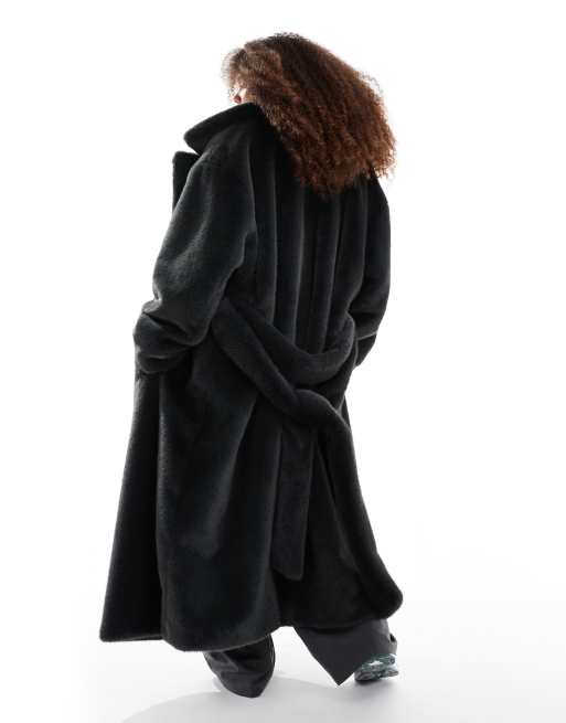 ASOS DESIGN Curve longline belted faux fur coat in forest green, 3 of 4