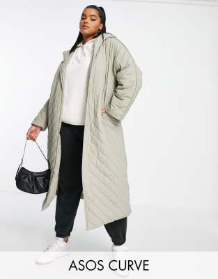 Asos Curve Asos Design Curve Longline Chevron Quilted Jacket With Teddy Borg Lining In Stone-neutral