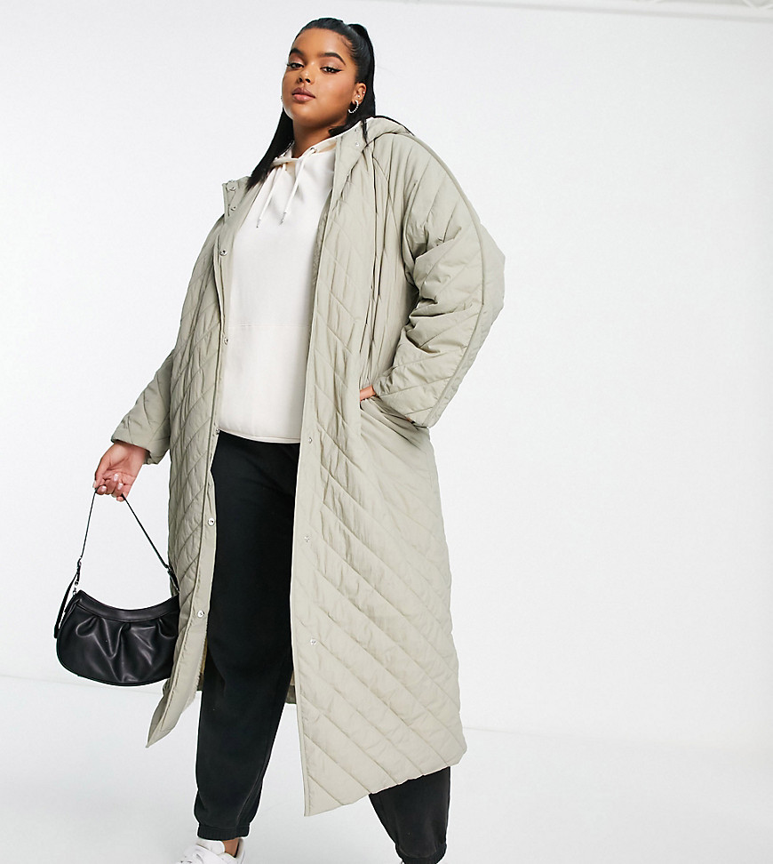 Asos Curve Asos Design Curve Longline Chevron Quilted Jacket With Teddy Borg Lining In Stone-neutral