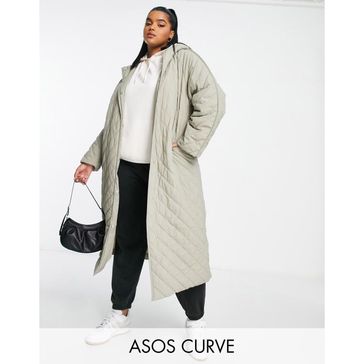 ASOS DESIGN Curve longline chevron quilted jacket with teddy borg lining in  stone