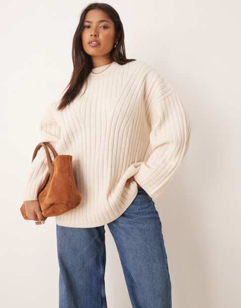 ASOS DESIGN Curve longline crew neck jumper in rib in cream - view 1
