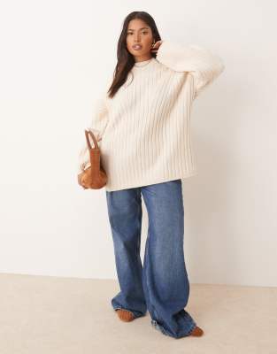 Asos Curve Asos Design Curve Longline Crew Neck Ribbed Sweater In White