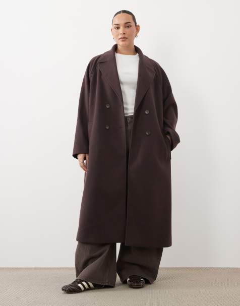 ASOS DESIGN Curve longline double breasted coat in chocolate plum - view 1