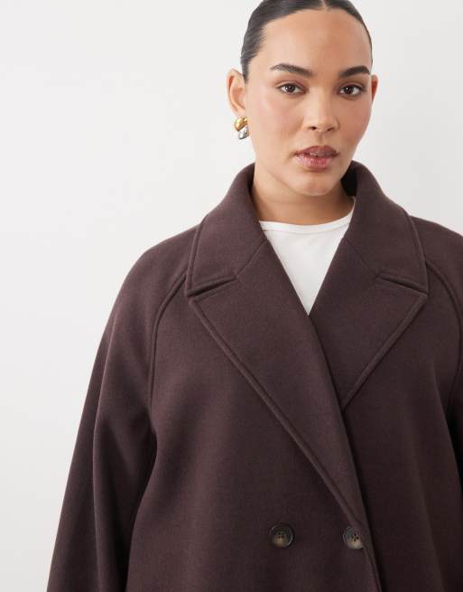 ASOS DESIGN Curve longline double breasted coat in chocolate plum, 3 of 4