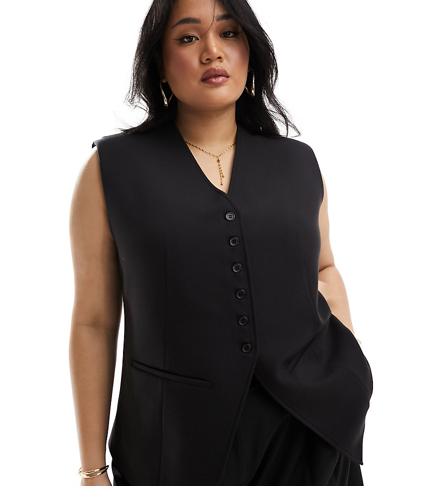 ASOS DESIGN Curve longline exaggerated shoulder waistcoat in black