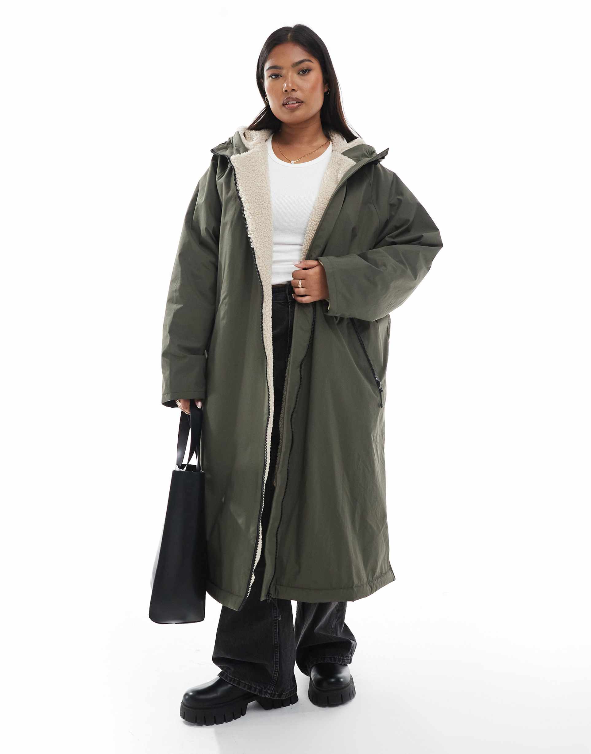 asos design curve longline fleece lined rain coat in olive