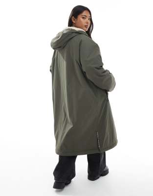 Asos Curve Asos Design Curve Longline Fleece Lined Rain Coat In Green