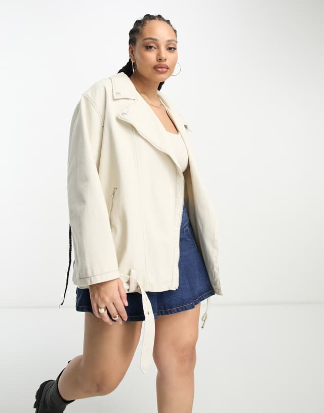 ASOS DESIGN Curve longline moto jacket in washed cotton in ecru