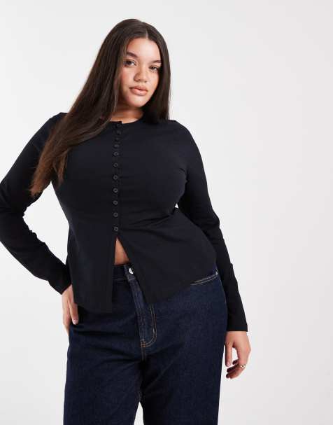 ASOS DESIGN Curve – Longline-Oberteil aus Baumwolle in Schwarz mit durchgehender Knopfleiste - view 1
