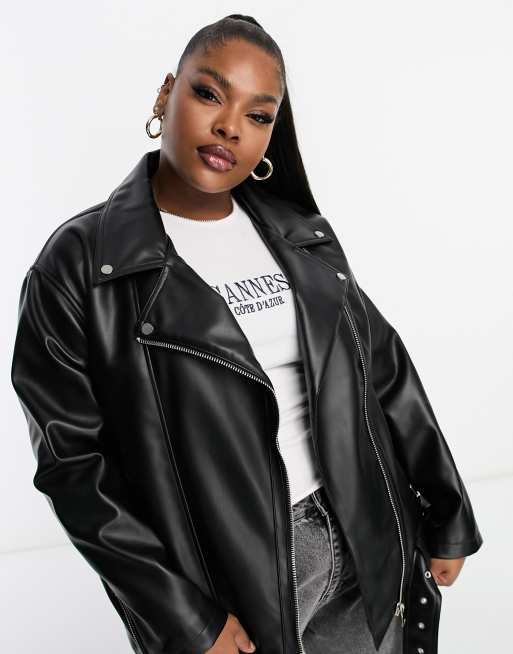 ASOS DESIGN Curve longline oversized faux leather biker jacket in black