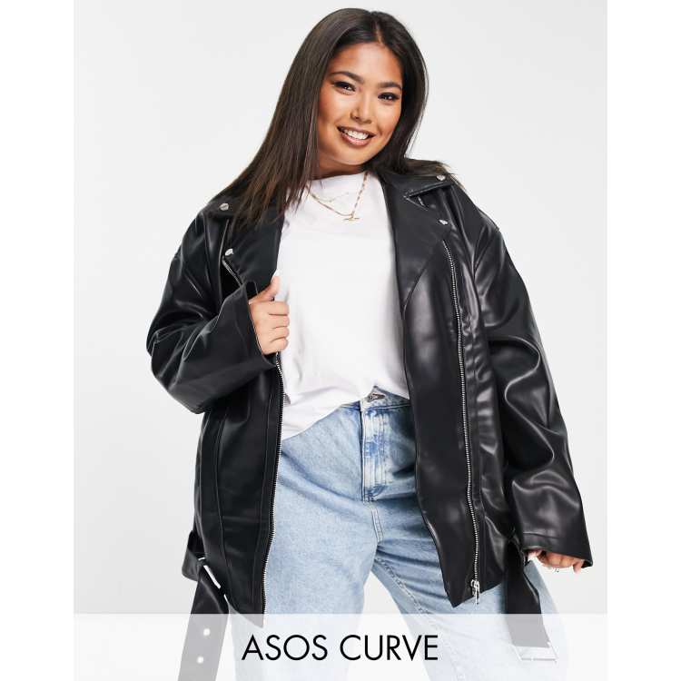 ASOS DESIGN Curve longline oversized faux leather biker jacket in | ASOS