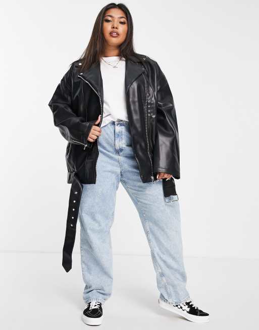 ASOS DESIGN oversized leather look biker jacket in white