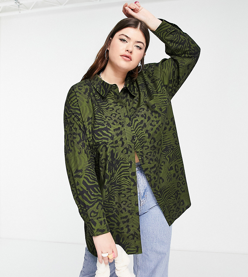 Plus-size shirt by ASOS DESIGN The scroll is over Abstract animal print Spread collar Button placket Chest pocket Oversized fit