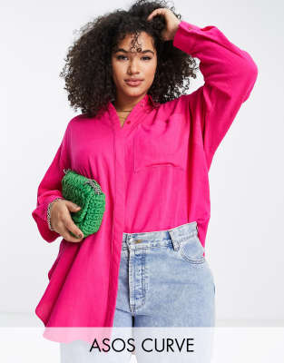 ASOS DESIGN Curve longline oversized shirt in textured bright pink