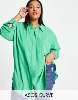 ASOS CURVE ASOS DESIGN CURVE LONGLINE OVERSIZED SHIRT IN TEXTURED GREEN 