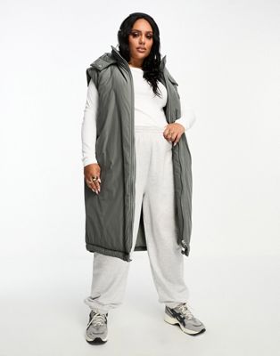 ASOS DESIGN Curve longline paper touch gilet with hood in charcoal