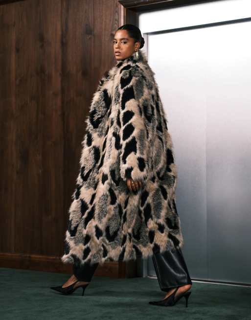 ASOS DESIGN Curve longline patch faux fur coat in oatmeal and black, 4 of 4