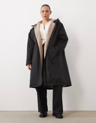 Asos Curve Asos Design Curve Longline Rain Coat With Borg Liner In Black