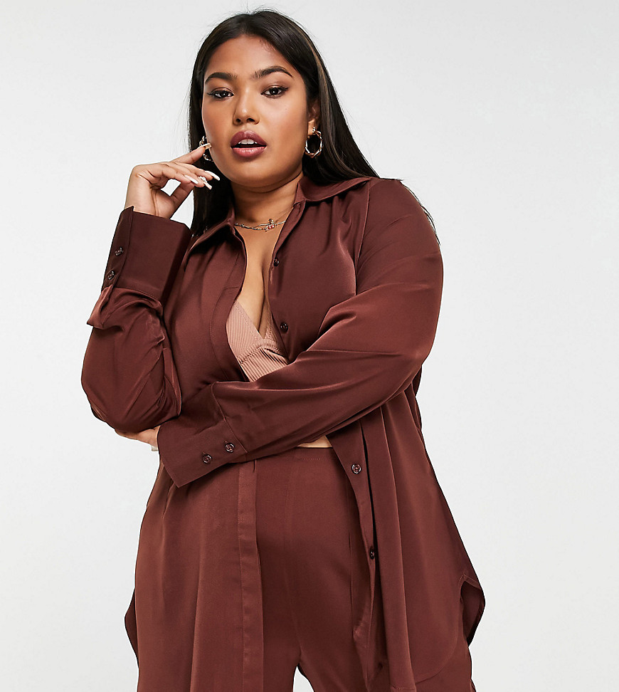 Asos Design Curve Longline Shirt Co-Ord In Chocolate Satin-Brown