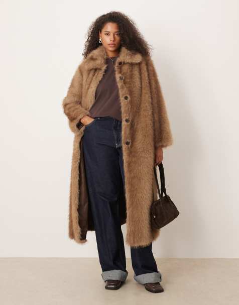 ASOS DESIGN Curve longline tipped faux fur car coat in brown - view 1