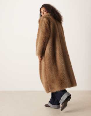 Asos Curve Asos Design Curve Longline Tipped Faux Fur Car Coat In Brown