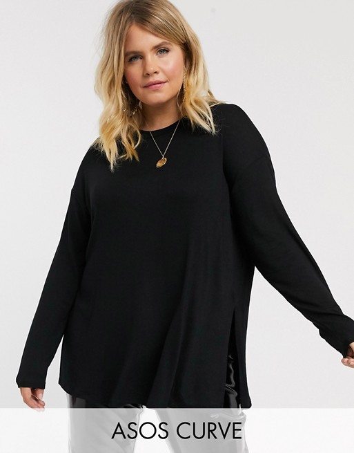 ASOS DESIGN Curve longline top with long sleeve in textured jersey in black