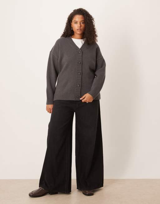 ASOS DESIGN Curve longline waisted cardigan in premium lambswool in charcoal - CHARCOAL, 2 of 4