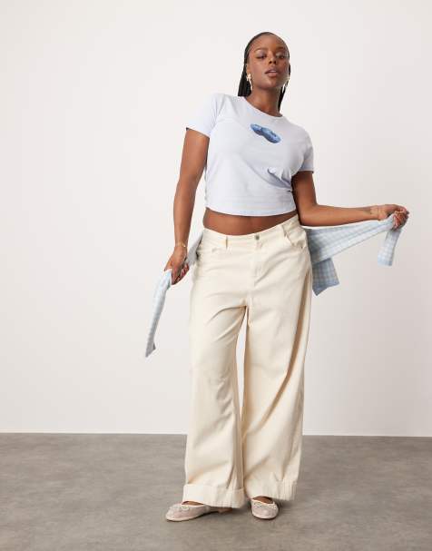 ASOS DESIGN Curve loose jean with deep turn up cuff in neutral - view 1