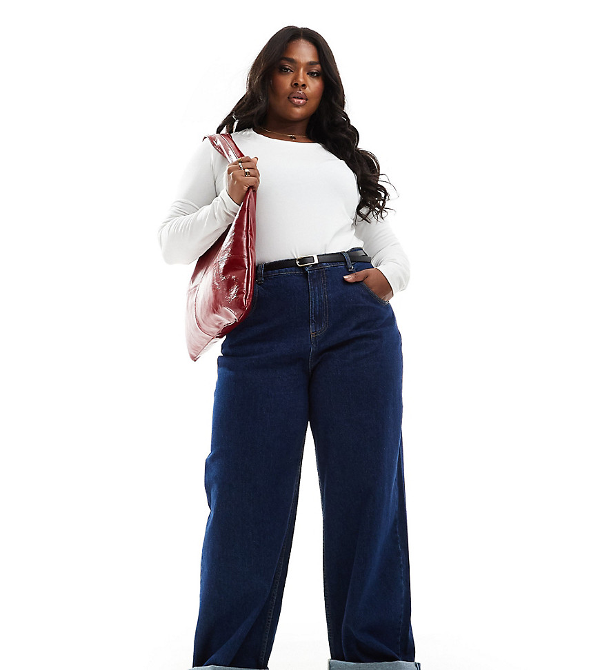 Asos Curve Asos Design Curve Loose Jean With Deep Turn Up In Inky Wash-blue