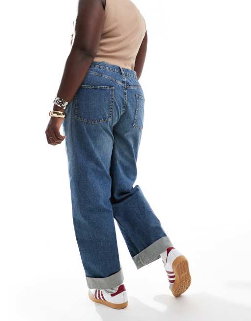 ASOS DESIGN Curve loose jeans with deep turn up cuff in mid blue | ASOS