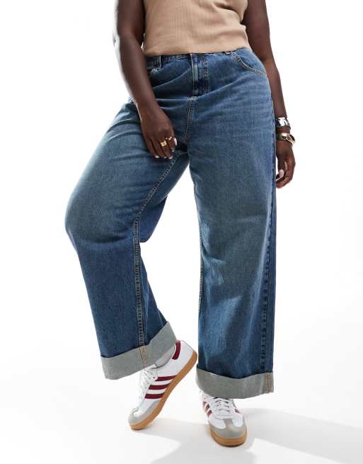 ASOS DESIGN Curve loose jeans with deep turn up cuff in mid blue | ASOS