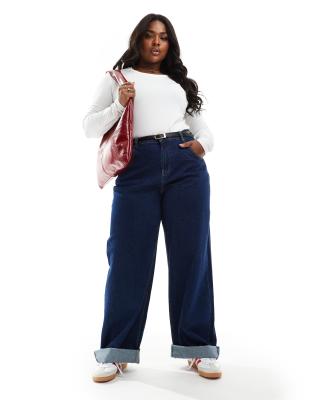 Asos Design Curve Loose Jeans With Deep Turn Up In Inky Wash-Blue