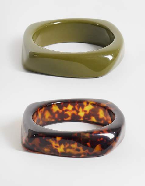 ASOS DESIGN Curve lot de 2 bracelets jonc en résine kaki et écaille - view 1