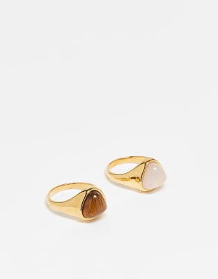 ASOS DESIGN Curve - Lot de 2 bagues en acier inoxydable avec pierres semi-précieuses - Doré | ASOS