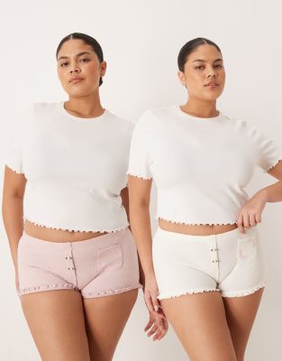 ASOS DESIGN Curve - Lot de 2 boxers gaufrés à poche et bordure à boutons de rose - Rose sombre et crème-Multicolore XL