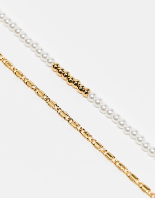 ASOS DESIGN Curve - Lot de 2 bracelets de cheville en plaqué or 14 carats avec maillons fins et perles fantaisie - Doré