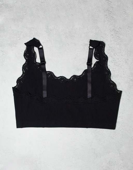 ASOS DESIGN Curve - Lot de 2 brassières courtes côtelées en dentelle - Noir et blanc, 2 de 4