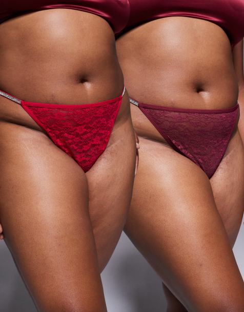 ASOS DESIGN Curve - Lot de 2 strings à strass - Rouge cerise et bordeaux - view 1