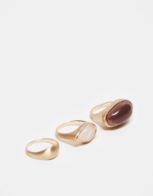 ASOS DESIGN Curve - Lot de 3 bagues avec pierres semi-précieuses - Doré brossé