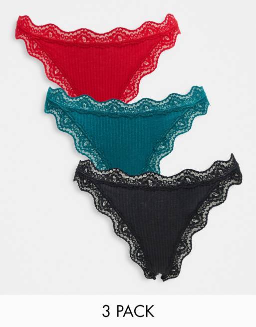 ASOS DESIGN Curve - Lot de 3 strings côtelés bordés de dentelle - Vert forêt, rouge et noir