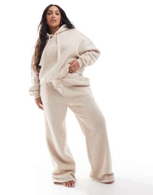 ASOS Curve ASOS DESIGN Curve lounge borg cropped hoodie & wide leg set in cream-White