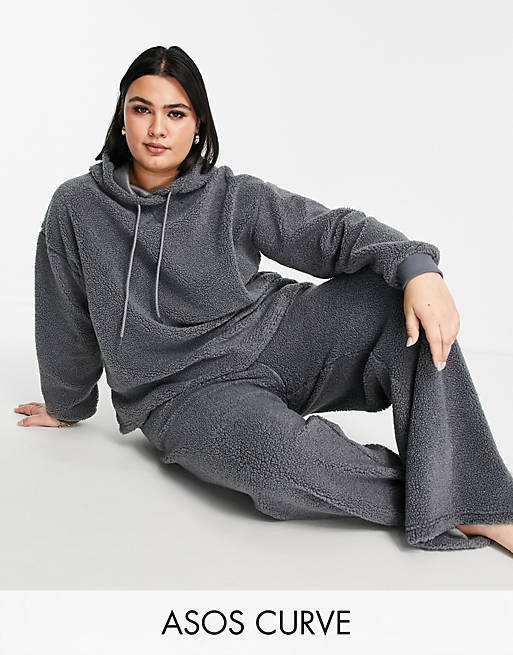  Curve lounge borg hoodie & straight leg trouser set in grey 