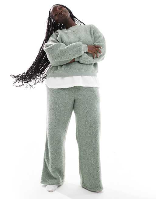 ASOS DESIGN Curve lounge borg sweat & wide leg pants set in sage