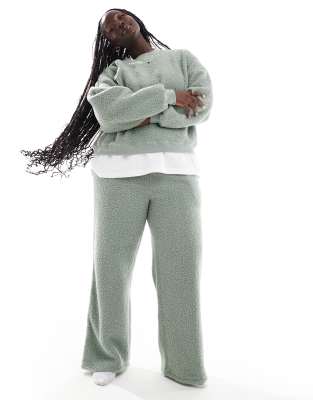 ASOS Curve ASOS DESIGN Curve lounge borg sweat & wide leg trouser set in sage-Green