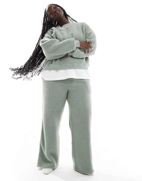 ASOS DESIGN Curve lounge borg sweat & wide leg trouser set in sage - view 1