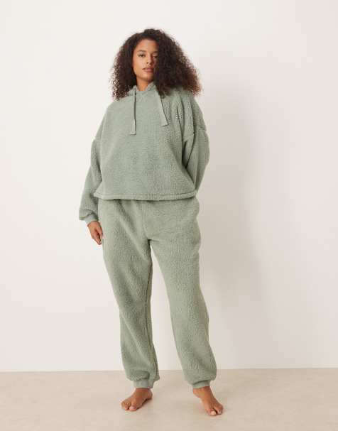 ASOS DESIGN Curve lounge cuddle oversized hoodie & jogger set in sage green - view 1