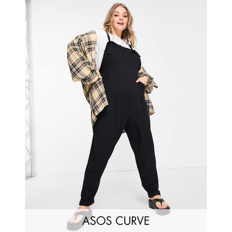 ASOS DESIGN Curve lounge jersey dungaree jumpsuit in black BLACK