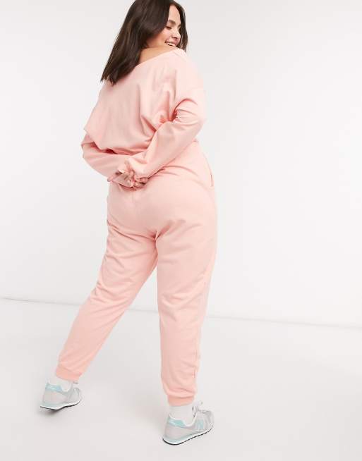 ASOS DESIGN curve lounge jersey off shoulder marl jumpsuit in blush sweat, 2 of 4